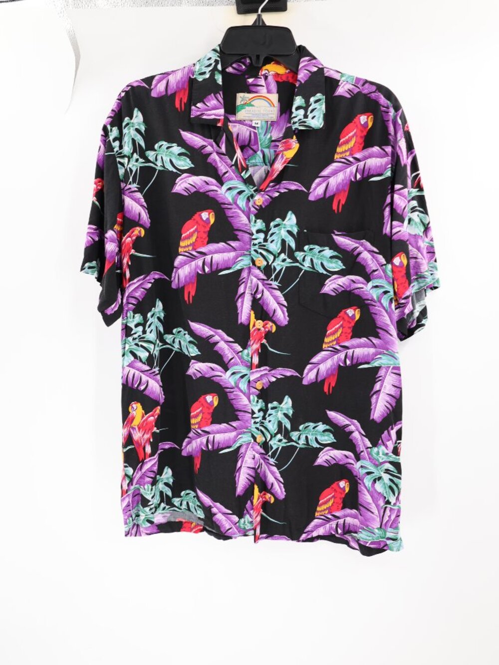 Vintage Paradise Found Shirt Mens medium Hawaiian Parrot magnum pi Short Sleeve